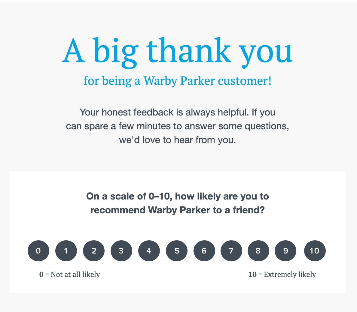 NPS survey email from Warby Parker