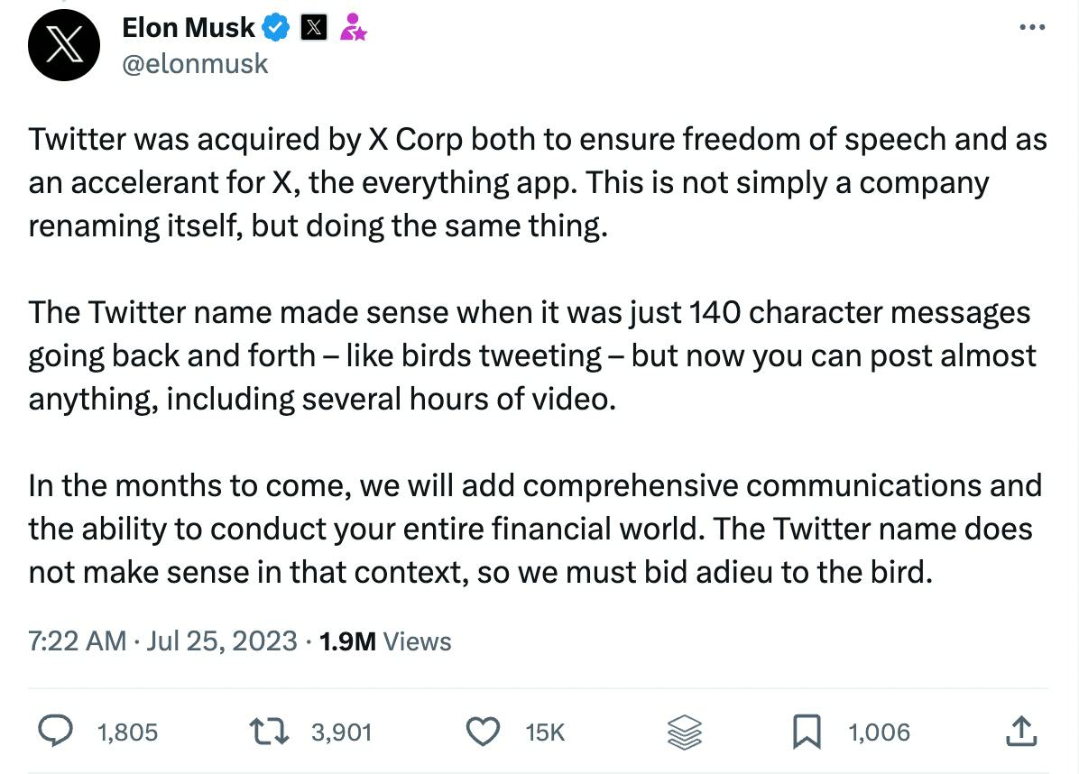 Screenshot of Elon Musk's tweet announcing why Twitter became X.