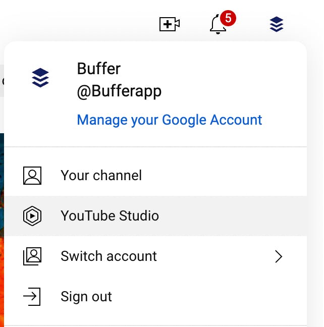 Screenshot of how to access YouTube Studio on Youtube.