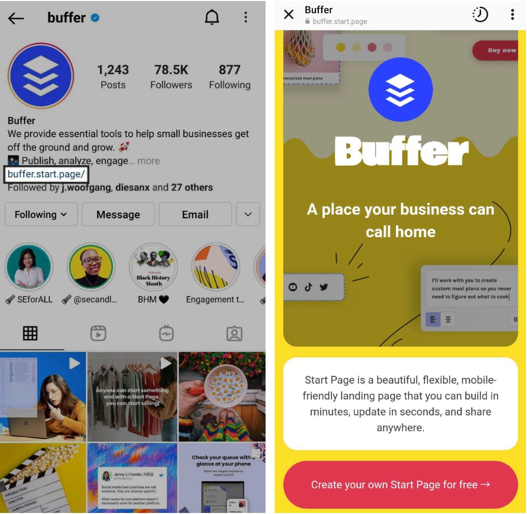 Buffer's Instagram link in bio