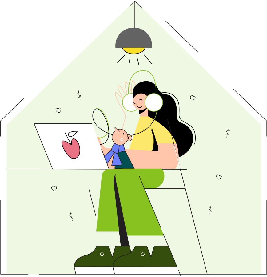 A person working from home, watching at their computer with a smile while holding their baby