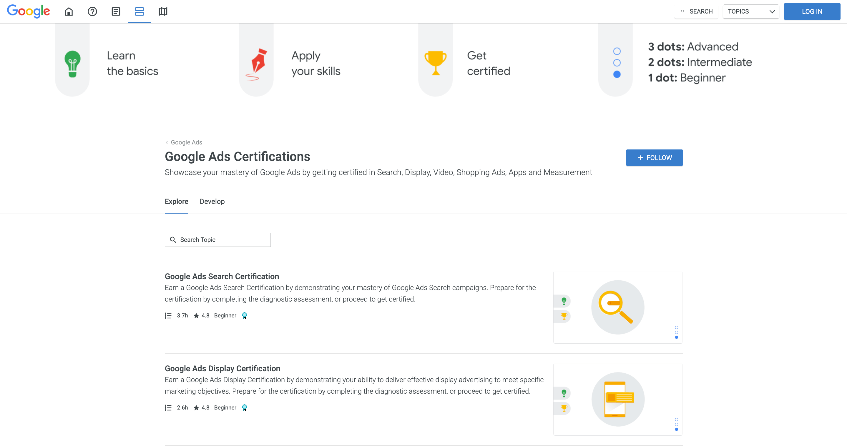 Screenshot of Google Ads Certification Homepage