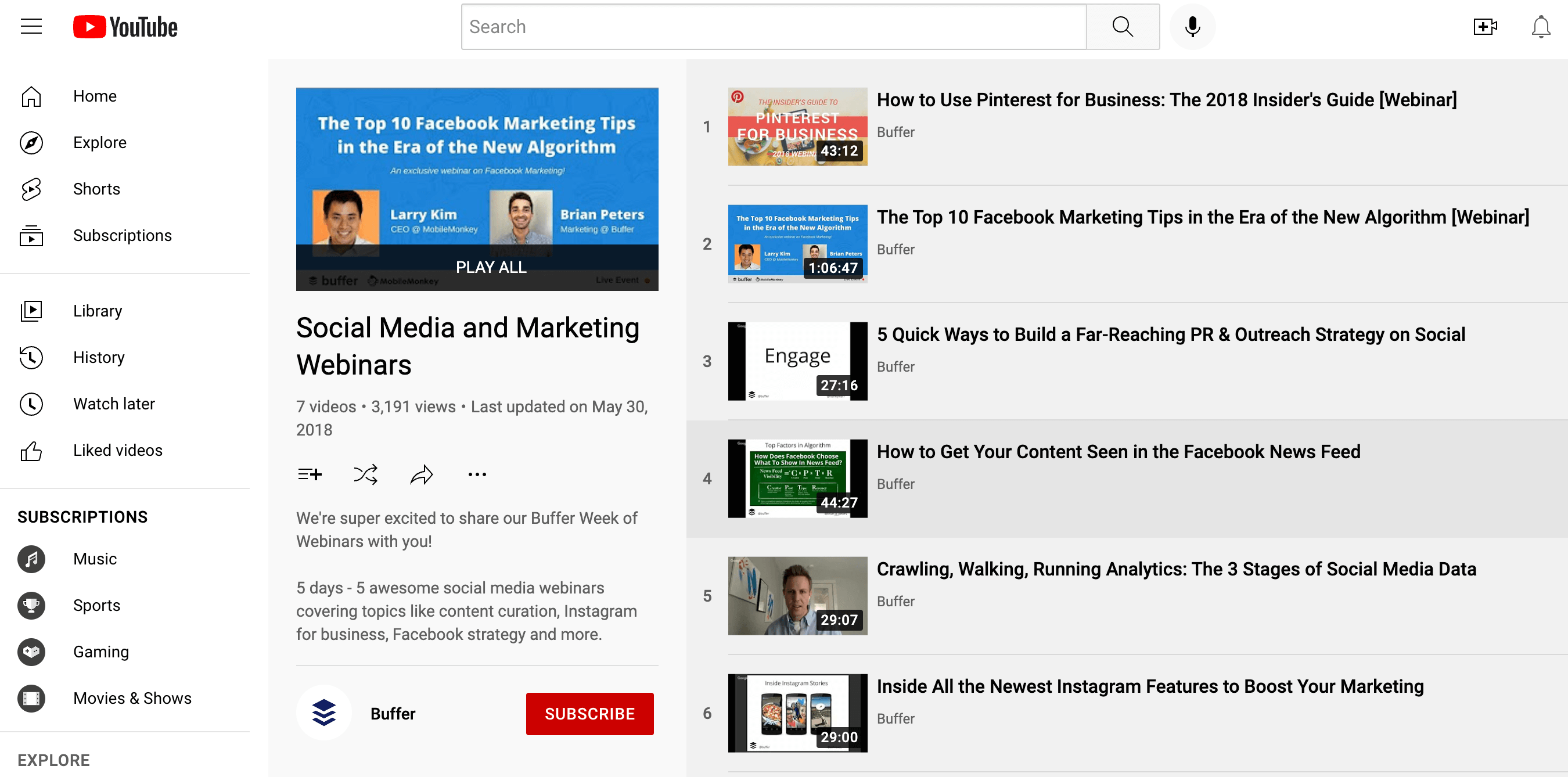 Screenshot of Buffer's Marketing Webinars on YouTube