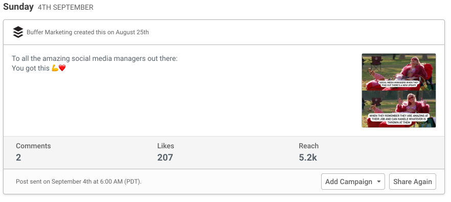 Image of analytics for sent Instagram posts available in Buffer