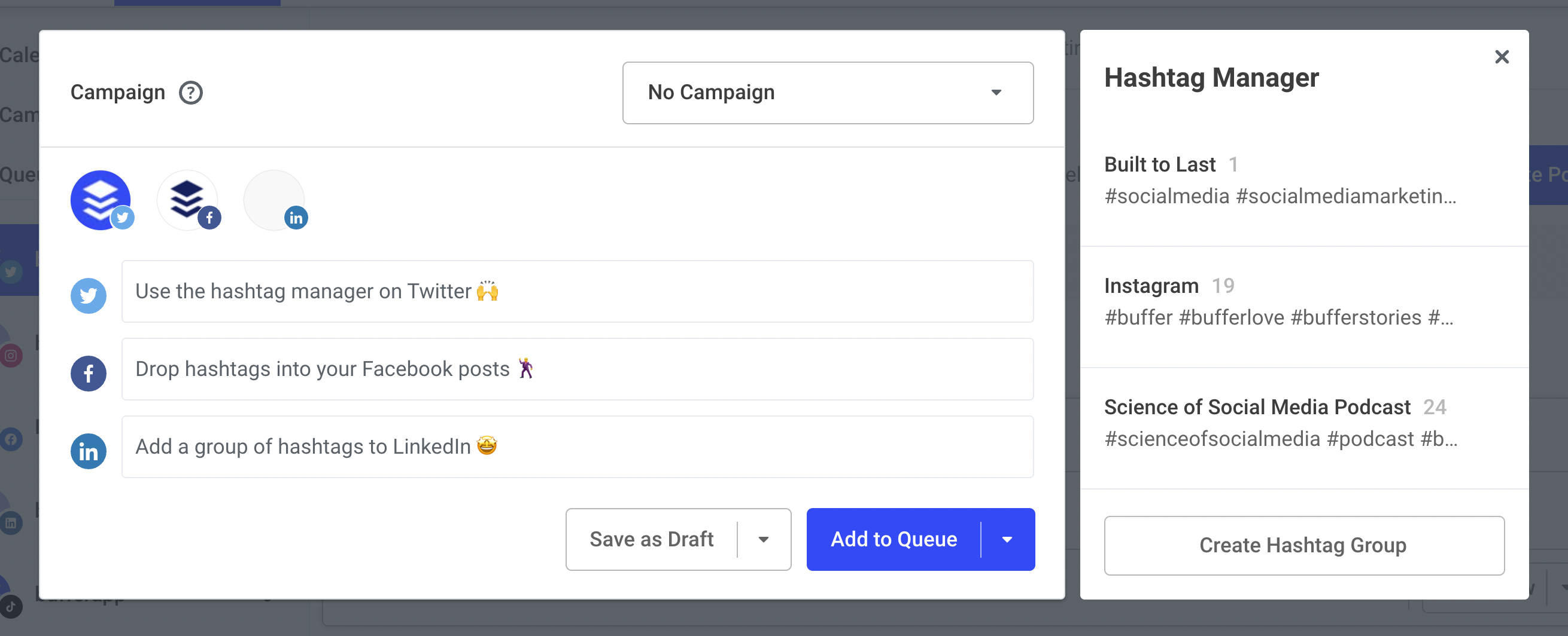 Image of the hashtag manager available on all channels